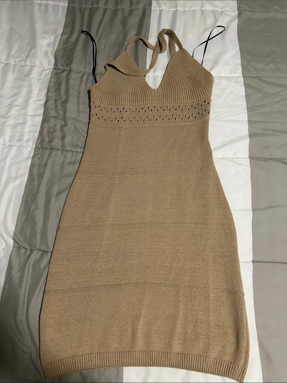 H&M Tan Knit V-Neck Bodycon Mini Dress